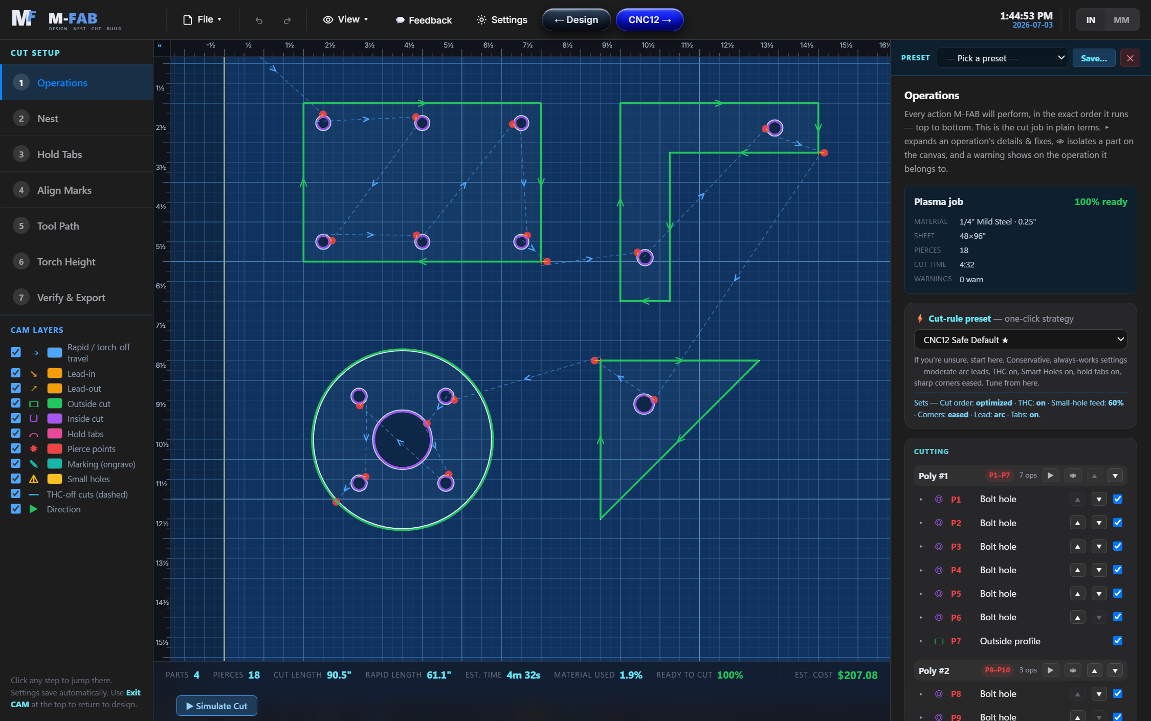 M-FAB CAM cockpit: toolpaths with numbered pierces and a 100% ready score